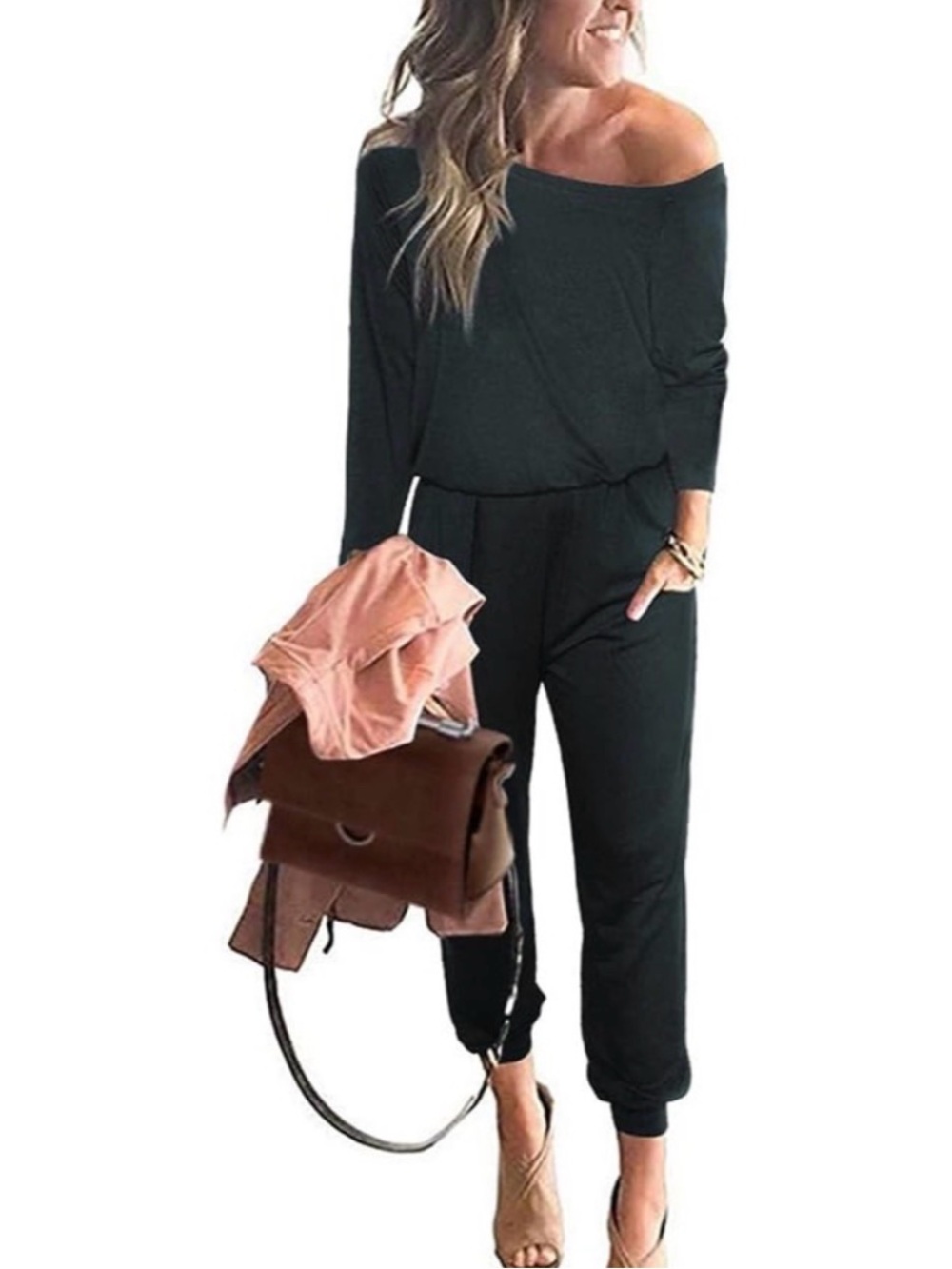 Pretty Garden Jumpsuit casual long sleeve wide neck elastic waist pockets NEW L - Picture 7 of 14